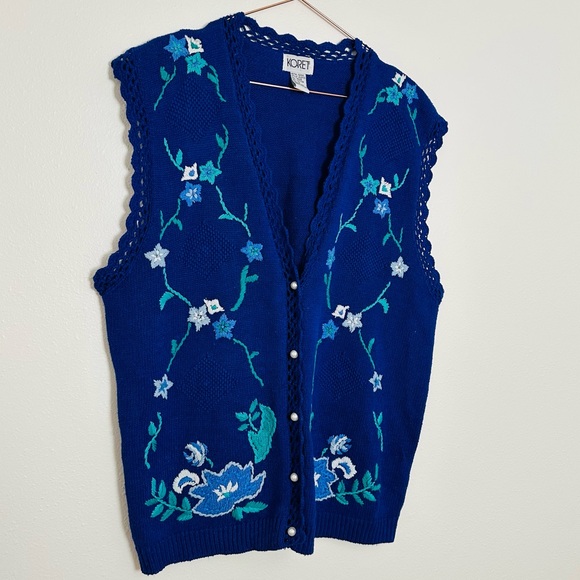 Vintage Koret Button Up Blue Floral Vest Scalloped Edges Pearl Buttons Sweater - Picture 8 of 8